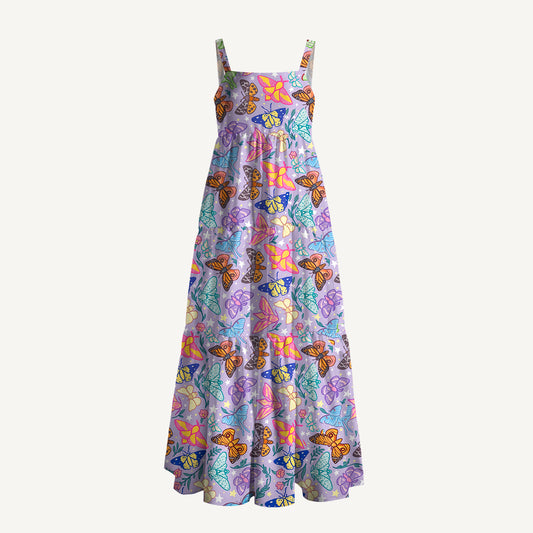 Enchanted Twilight Butterfly Garden Print Wide Straps Maxi Dress With Pockets