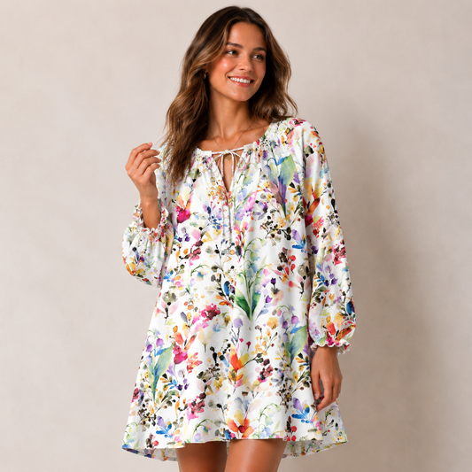Watercolor Wildflower Garden Print Boho Tie‑Neck Smock Mini Dress