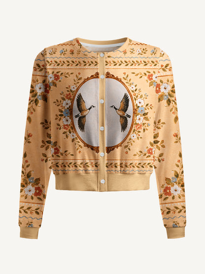 Lightweight Crew Neck Long‑Sleeve Cropped Flying Geese Portrait Print Fine‑Knit Cardigan