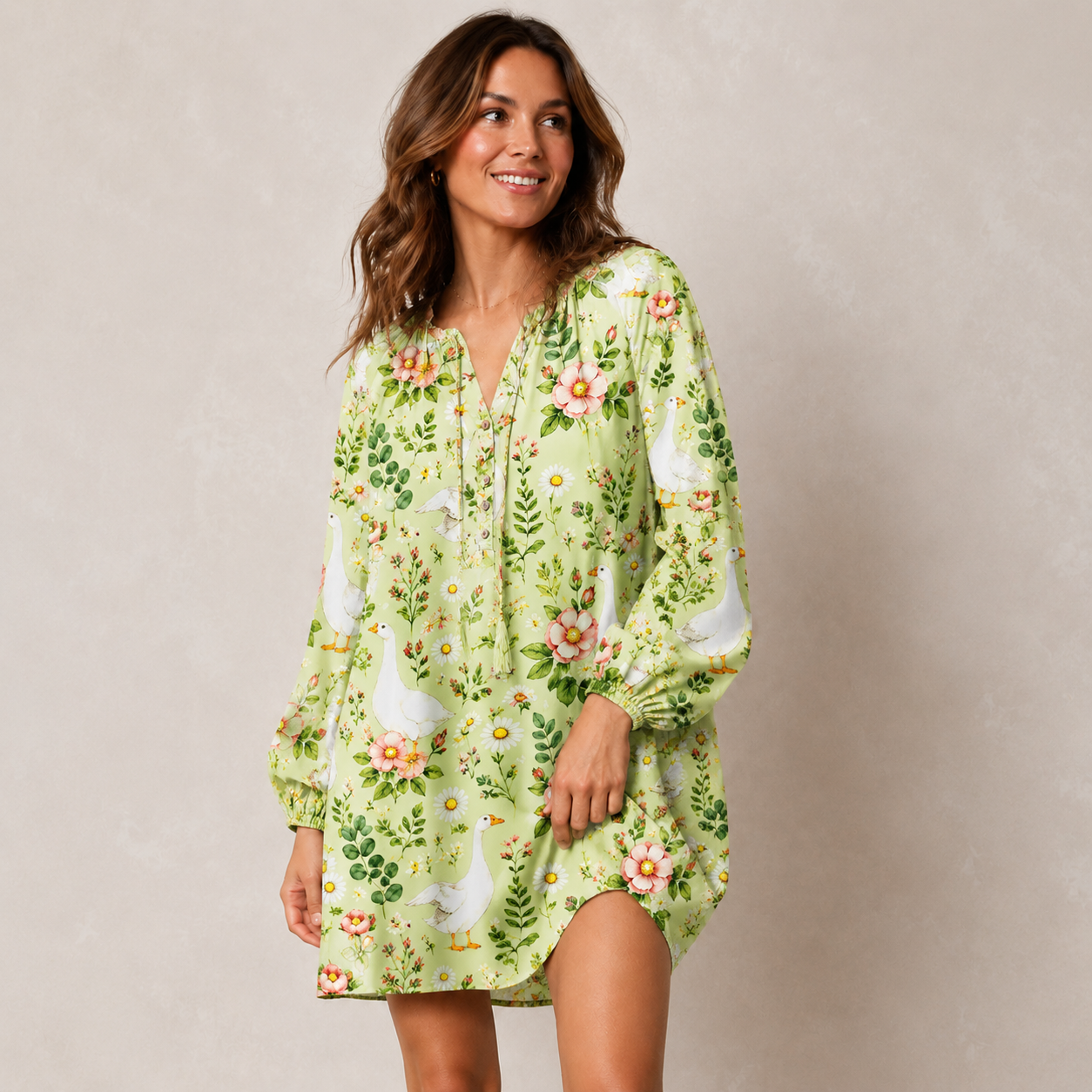Pastoral Goose Garden Print Boho Long Sleeve Tie‑Neck Smock Mini Dress