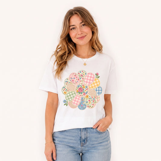 Cottage Patchwork Bloom Print Crew Neck Cotton Tee