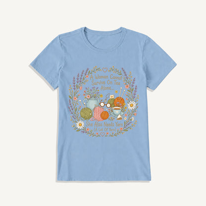 Vintage Floral Knitting Circle Print Crew Neck Cotton Tee