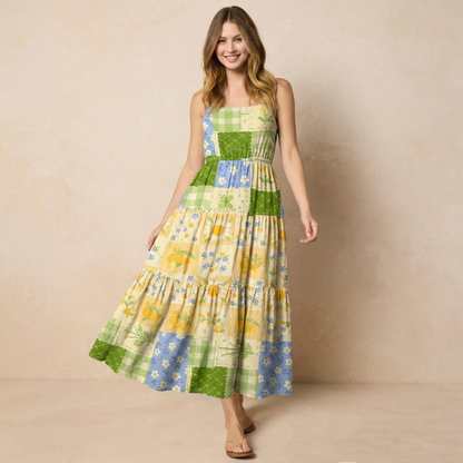Pastoral Gingham Patchwork Printed Wide Straps Maxi Dress With Pockets
