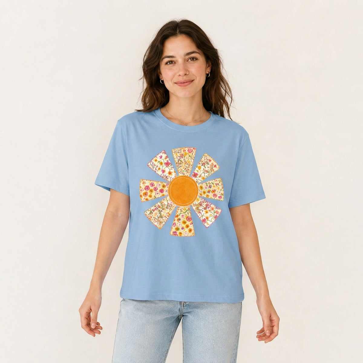 Golden Patchwork Daisy Print Crew Neck Cotton Tee