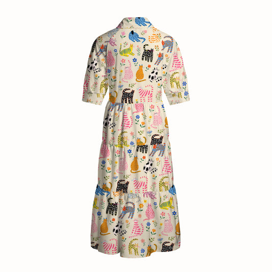 V Neck Collared Colorful Whimsical Garden Cats Pattern Print Casual Midi Dress With Pockets
