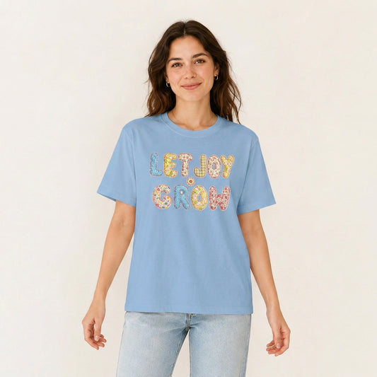 Let Joy Grow Patchwork Print Crew Neck Cotton Tee