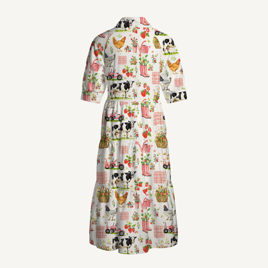 Watercolor Pink Farm Chicken Cow Print Casual Midi Dress With Pockets