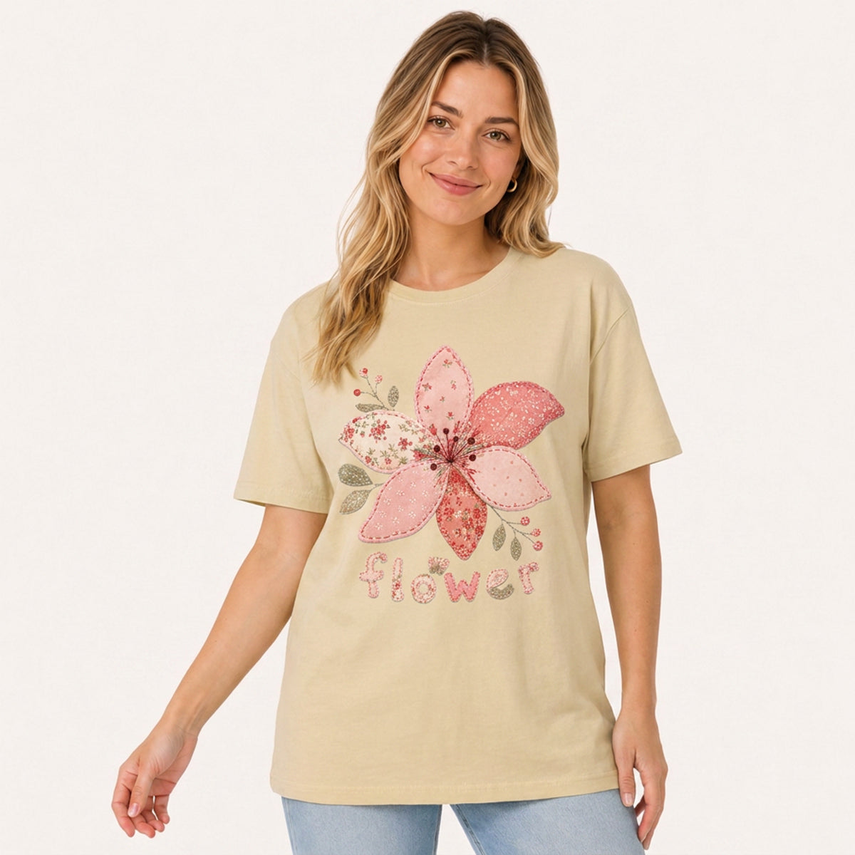 Blush Patchwork Flower Print Crew Neck Cotton Tee