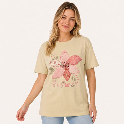 Blush Patchwork Flower Print Crew Neck Cotton Tee