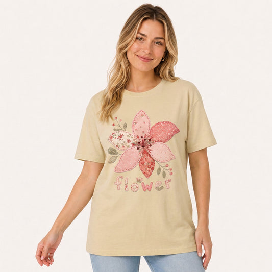 Blush Patchwork Flower Print Crew Neck Cotton Tee