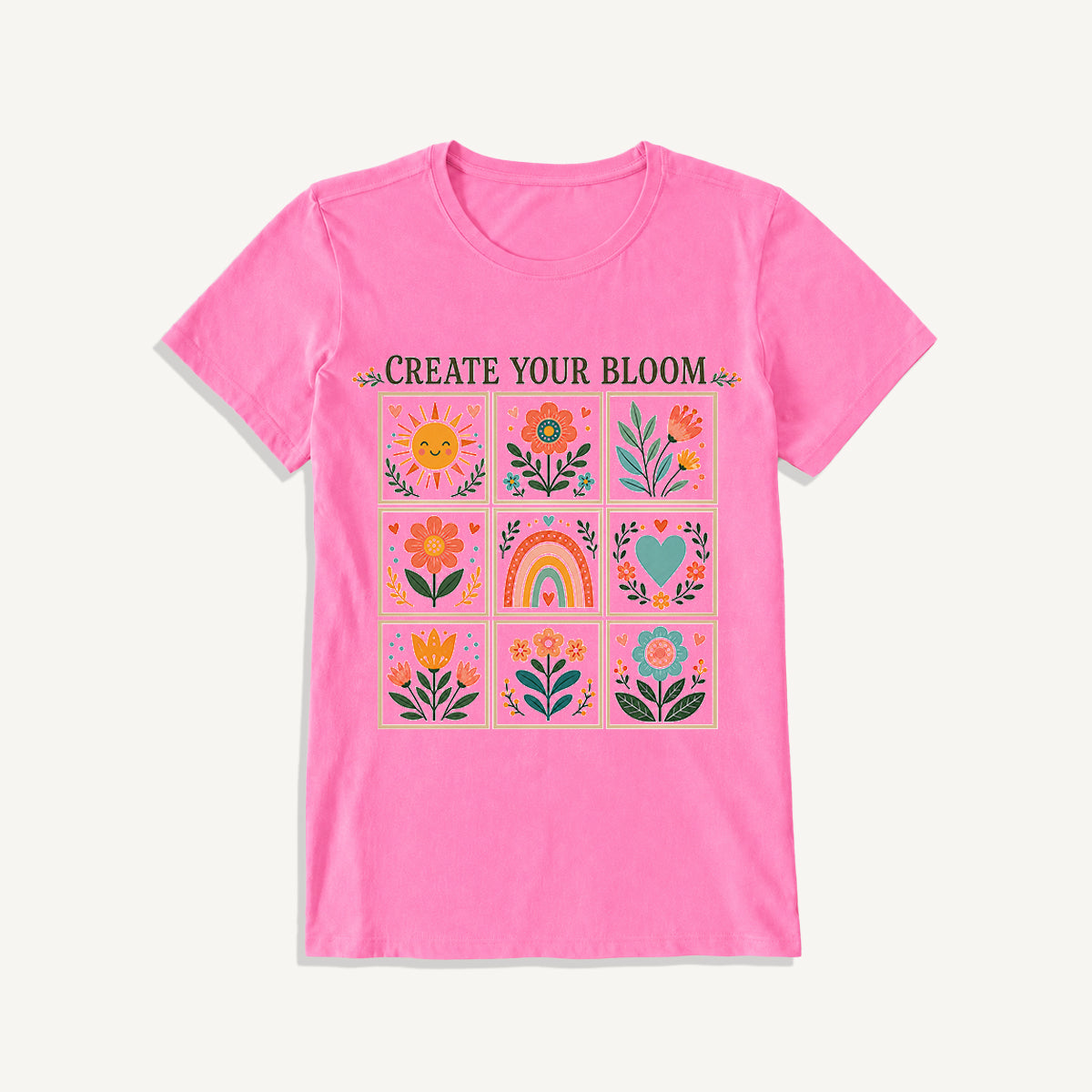 Folk Art Bloom Grid Print Crew Neck Cotton Tee