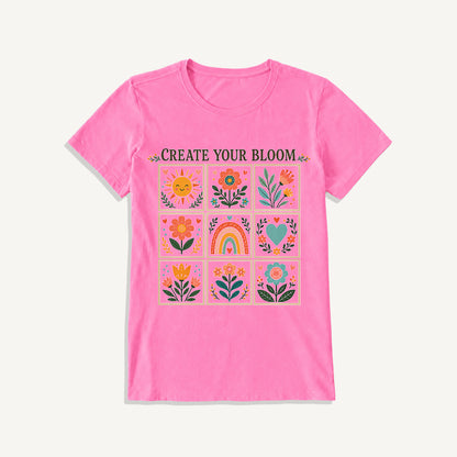 Folk Art Bloom Grid Print Crew Neck Cotton Tee
