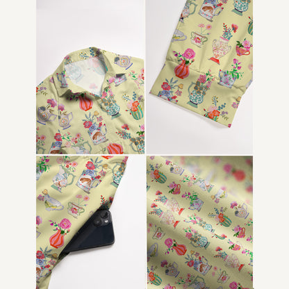 V Neck Collared Colorful Flower Vase Print Casual Midi Dress With Pockets