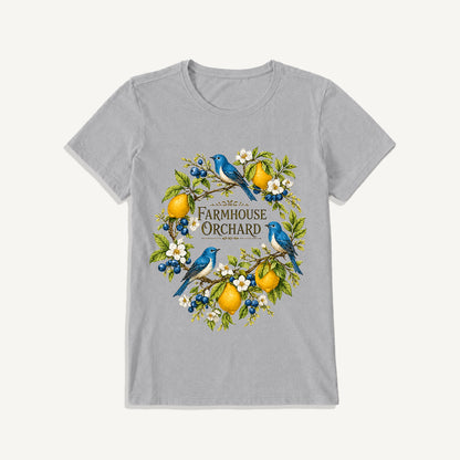 Farmhouse Orchard Bluebirds Print Crew Neck Cotton Tee