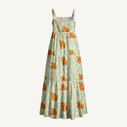 Pastel Meadow Highland Cattle Print Wide Straps Maxi Dress With Pockets