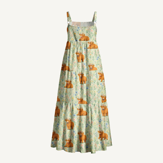 Pastel Meadow Highland Cattle Print Wide Straps Maxi Dress With Pockets