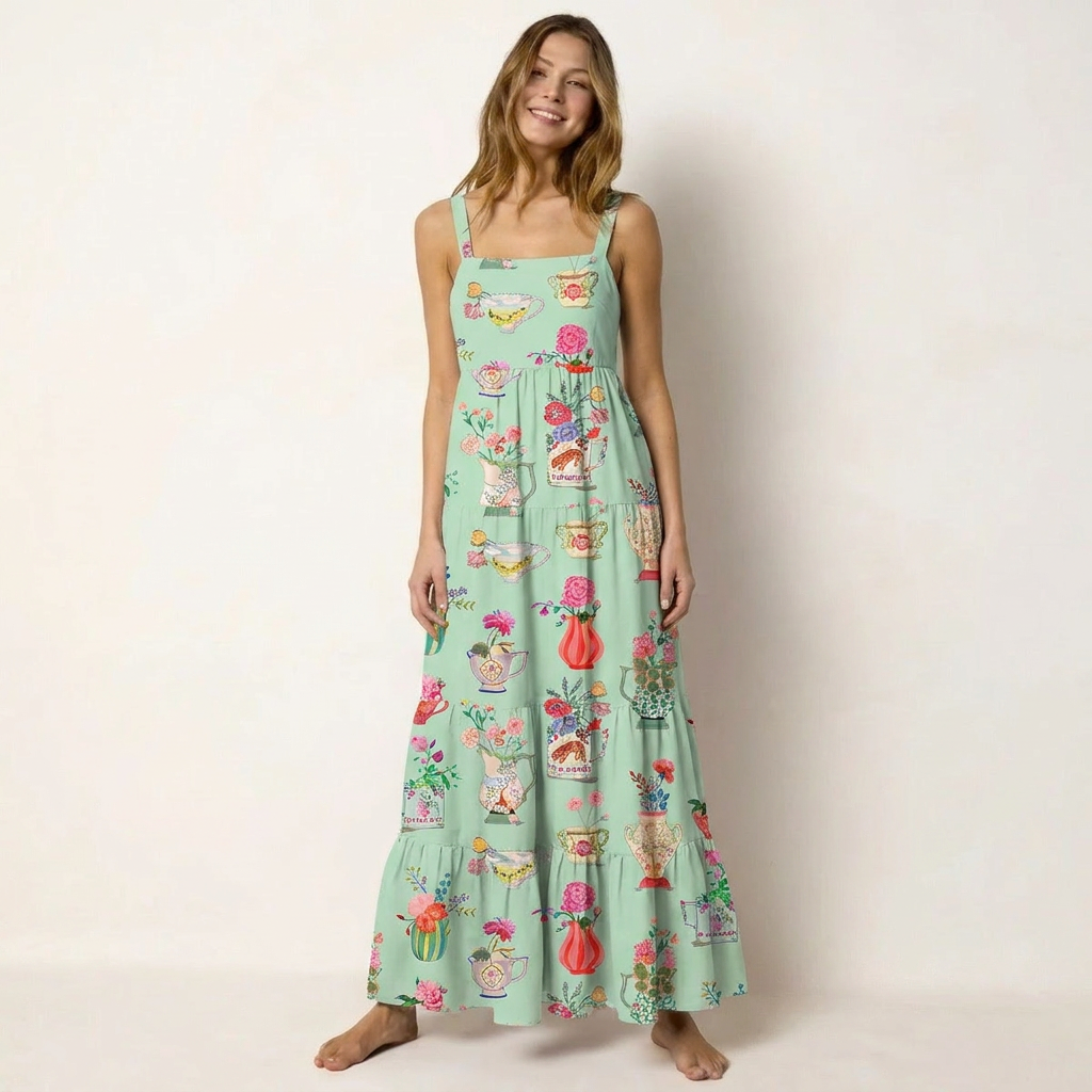 Colorful Flower Vase Print Wide Straps Maxi Dress With Pockets