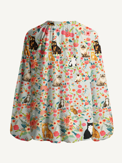 Flower Cat Print Boho Long Sleeve Tie‑Neck Blouse