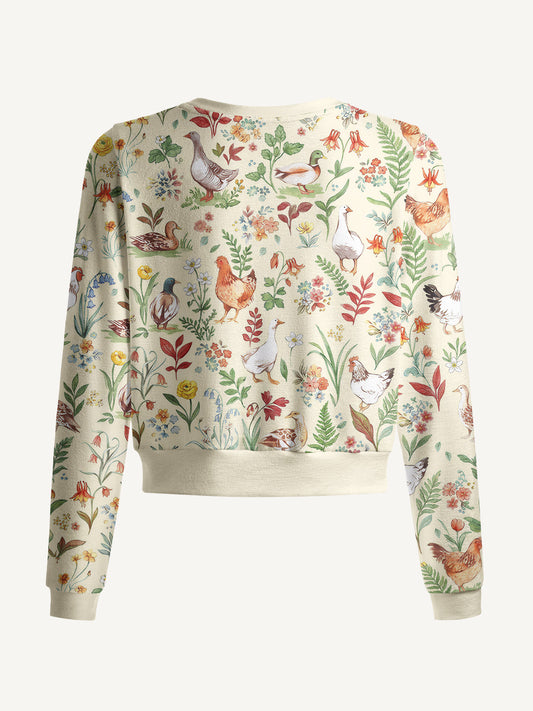 Lightweight Crew Neck Long‑Sleeve Cropped Countryside Garden Critter Print Fine‑Knit Cardigan