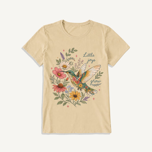 Floral Hummingbird Garden Print Crew Neck Cotton Tee
