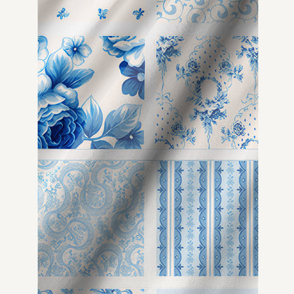 Delft Blue Floral Patchwork Print Cotton Wide Straps Maxi Dress With Pockets