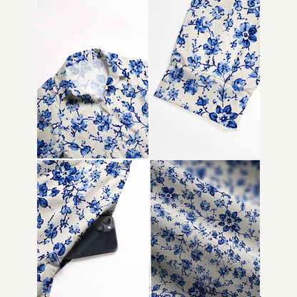 V Neck Collared Delft Blue Vintage Floral Print Casual Midi Dress With Pockets