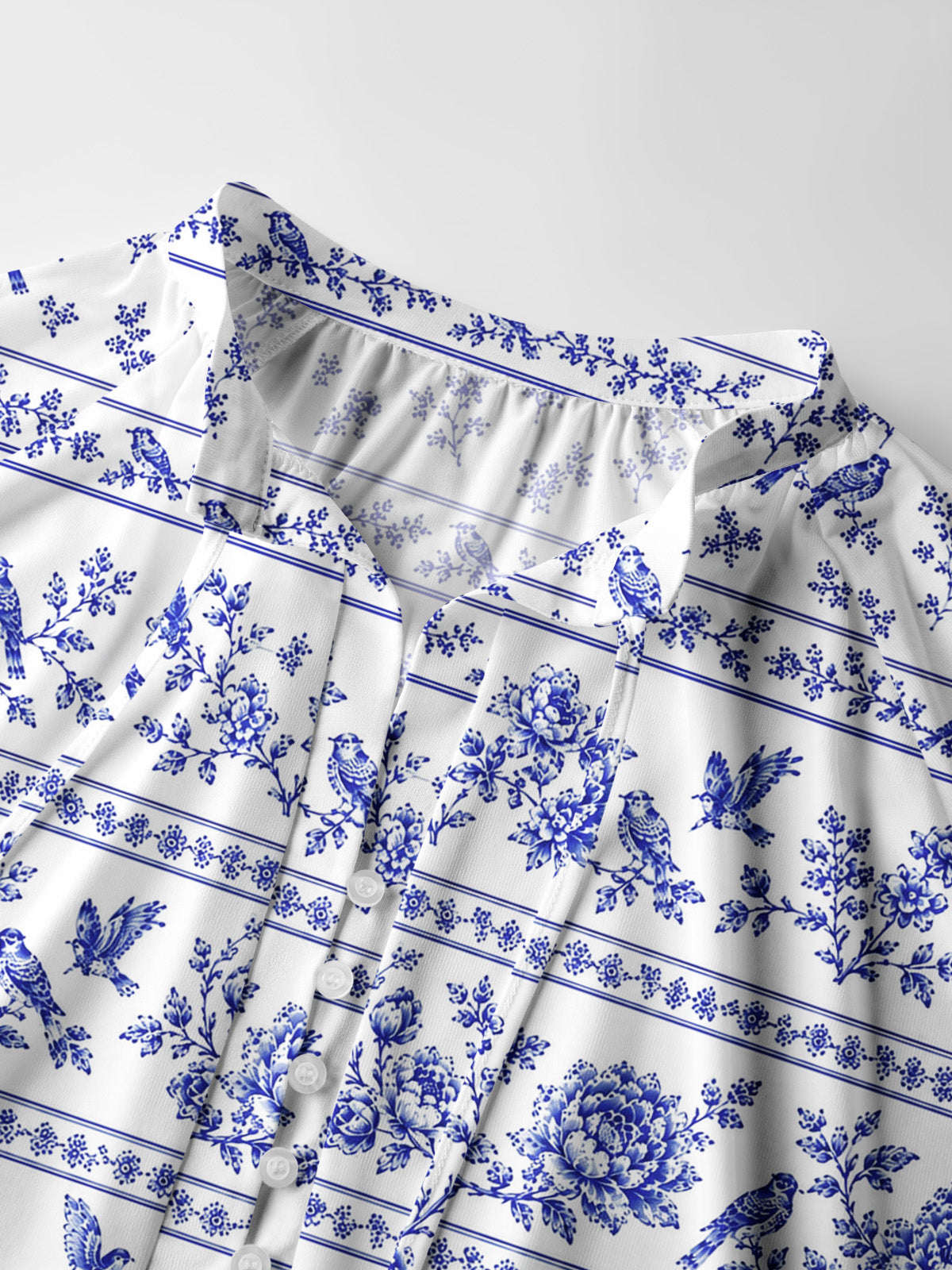 Bluebird Blossom Toile Print Boho Long Sleeve Tie‑Neck Blouse