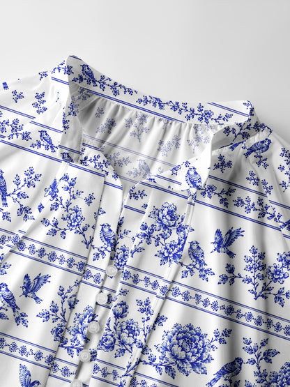 Bluebird Blossom Toile Print Boho Long Sleeve Tie‑Neck Blouse