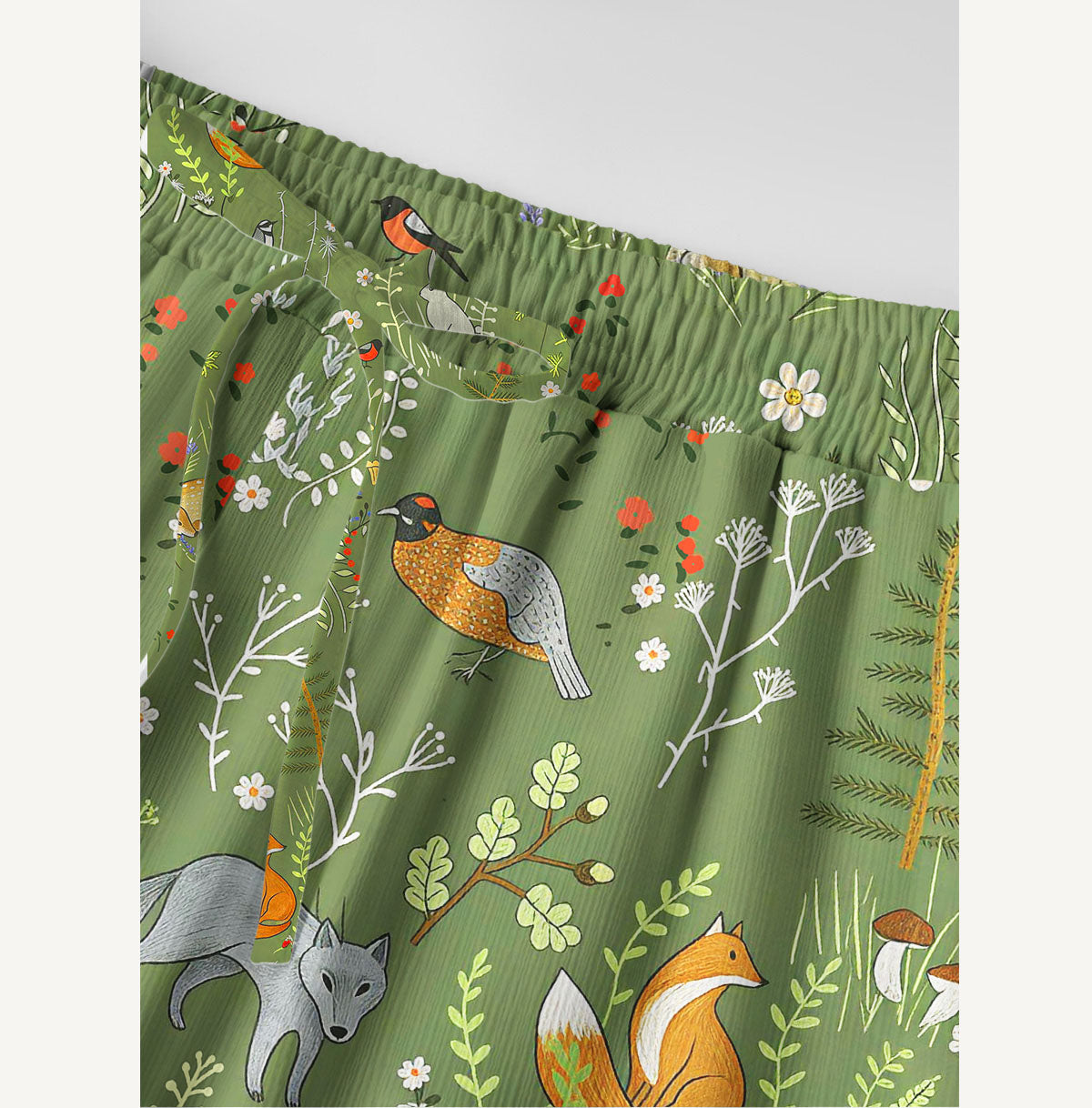 Whimsical Woodland Animals Print Wide Leg Tie Waist Pants With Pockets
