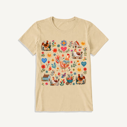 Vintage Farmhouse Chicken Floral Print Crew Neck Cotton Tee