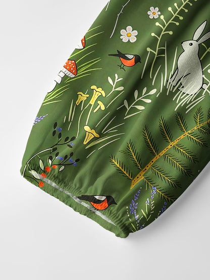 Whimsical Woodland Animals Print Boho Long Sleeve Tie‑Neck Blouse