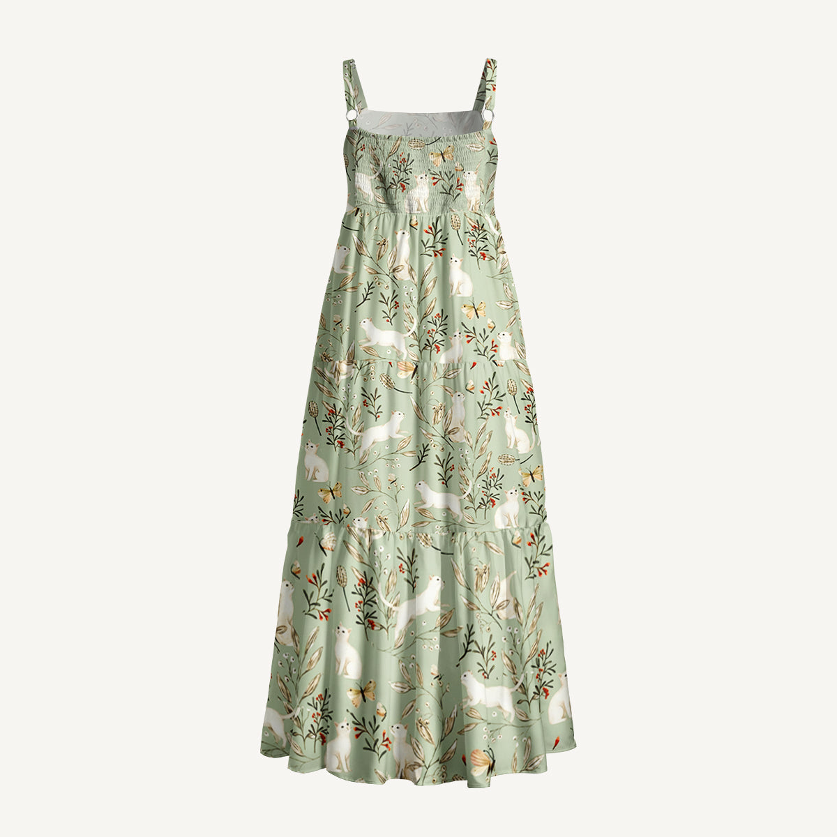 Enchanted Meadow Cat Print Wide Straps Maxi Dress With Pockets