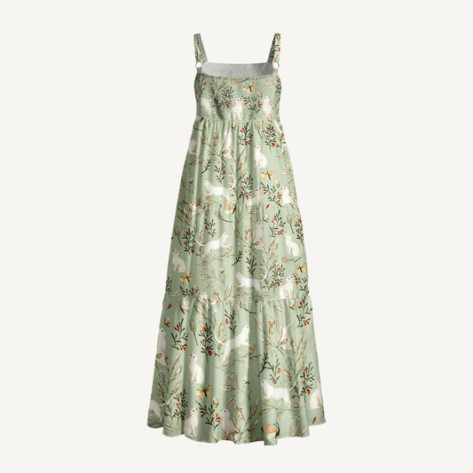 Enchanted Meadow Cat Print Wide Straps Maxi Dress With Pockets