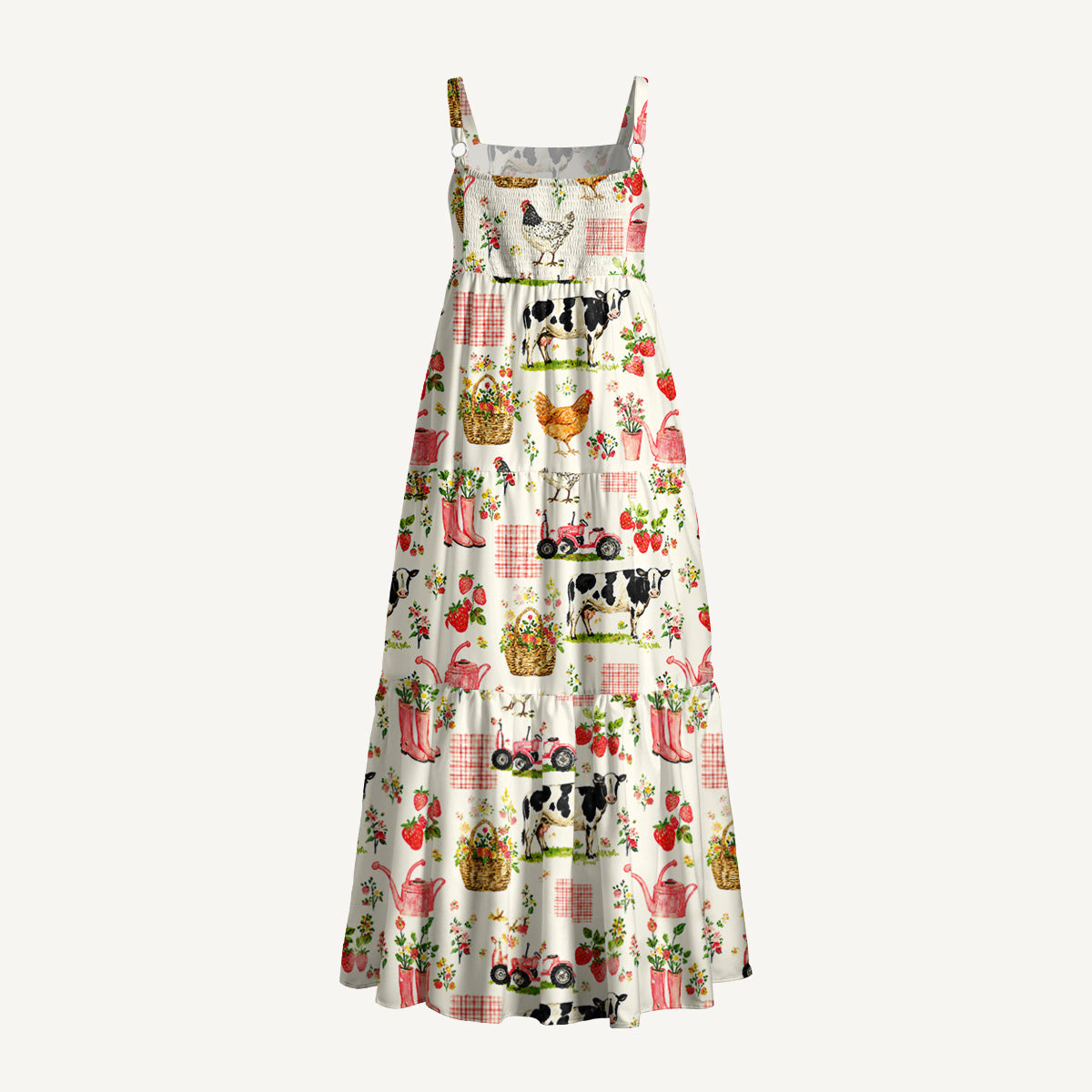 Watercolor Pink Farm Chicken Cow Print Wide Straps Maxi Dress With Pockets