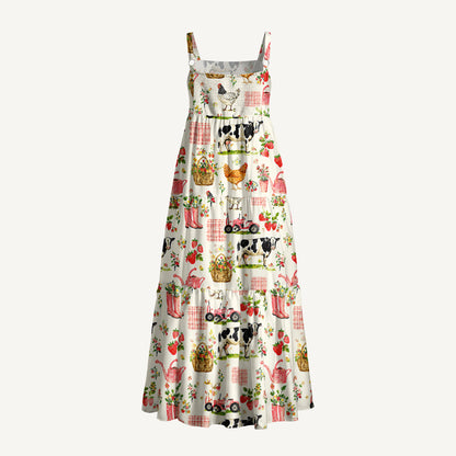 Watercolor Pink Farm Chicken Cow Print Wide Straps Maxi Dress With Pockets