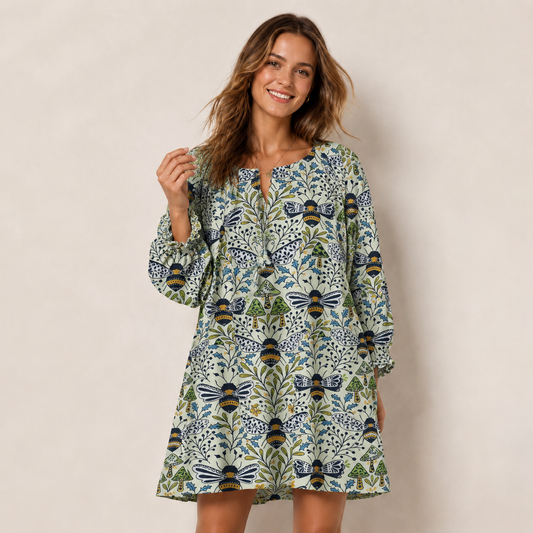 Botanical Bee Garden Print Boho Tie‑Neck Smock Mini Dress