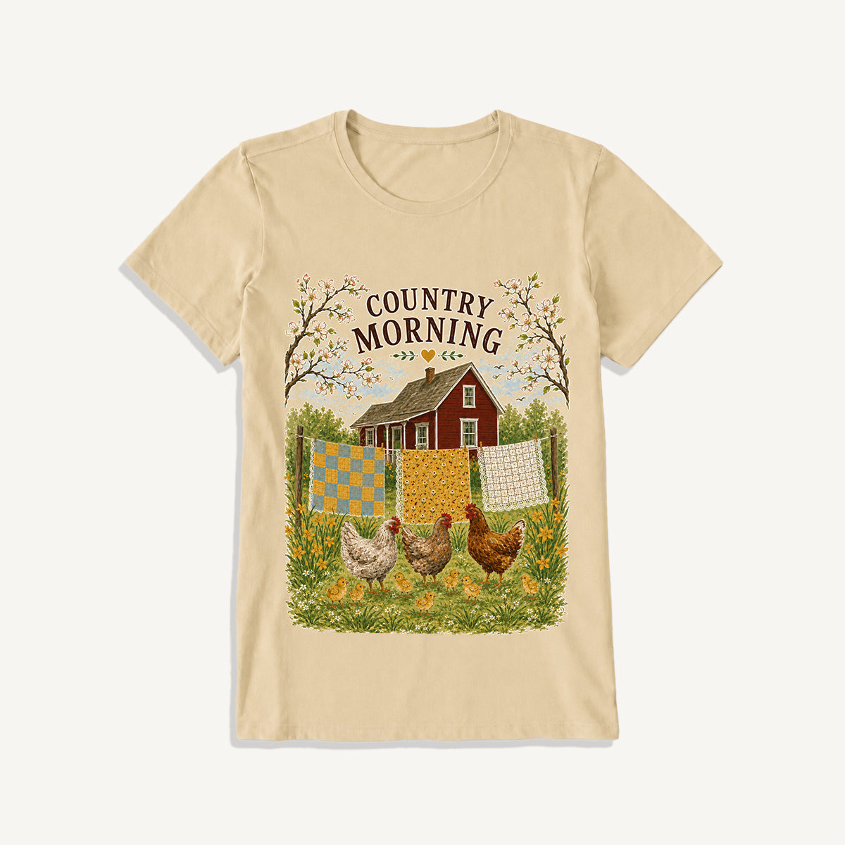 Country Morning Hen and Chicks Print Crew Neck Cotton Tee