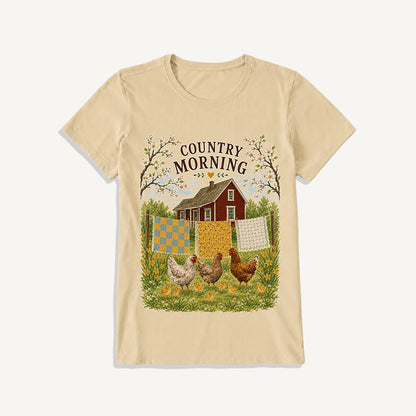 Country Morning Hen and Chicks Print Crew Neck Cotton Tee