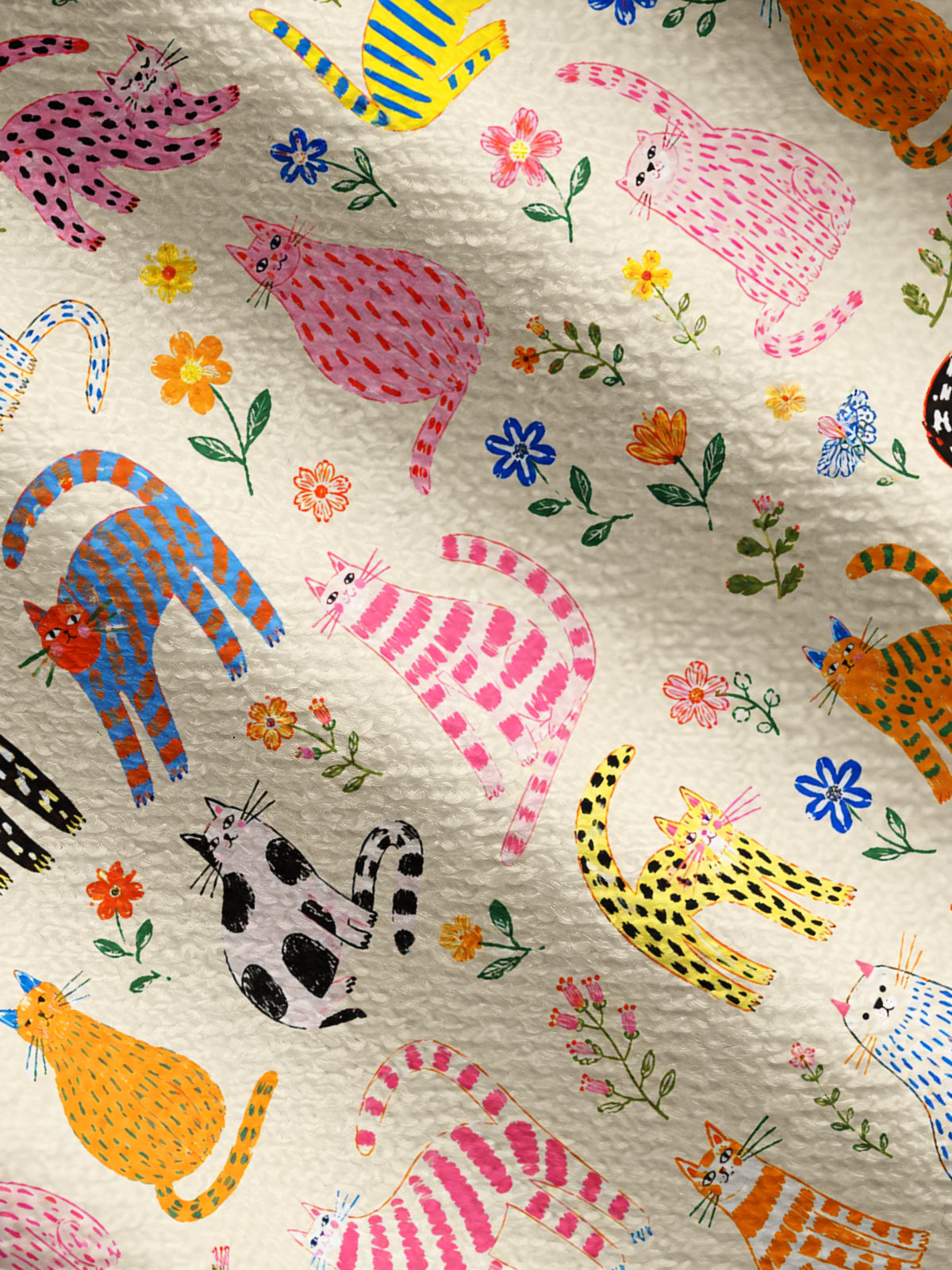 Lightweight Crew Neck Long‑Sleeve Cropped Colorful Whimsical Garden Cats Pattern Print Fine‑Knit Cardigan