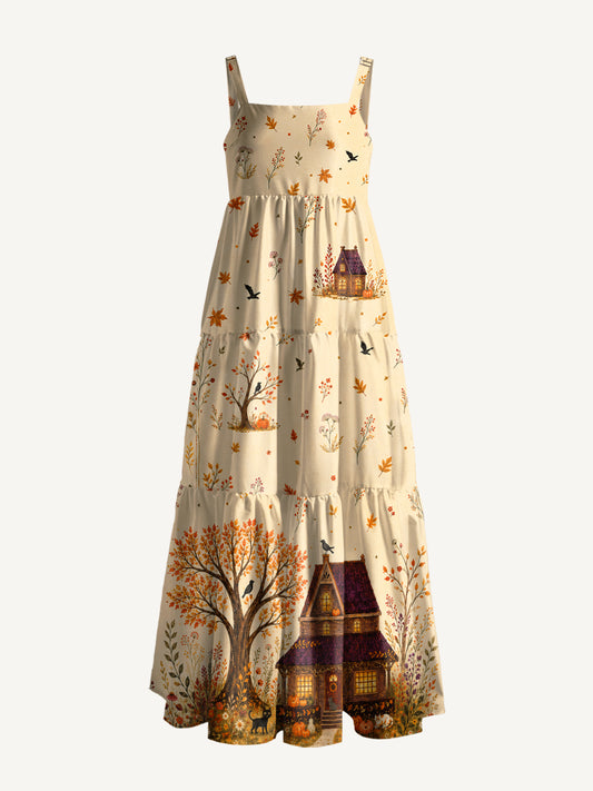 Autumn Cottage Garden Print Wide Straps Maxi Dress With Pockets