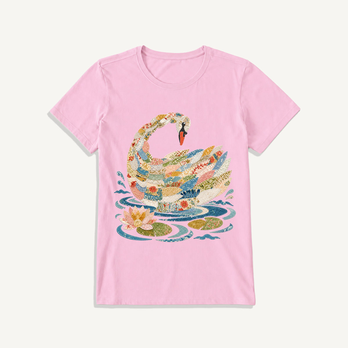 Patchwork Swan Garden Print Crew Neck Cotton Tee