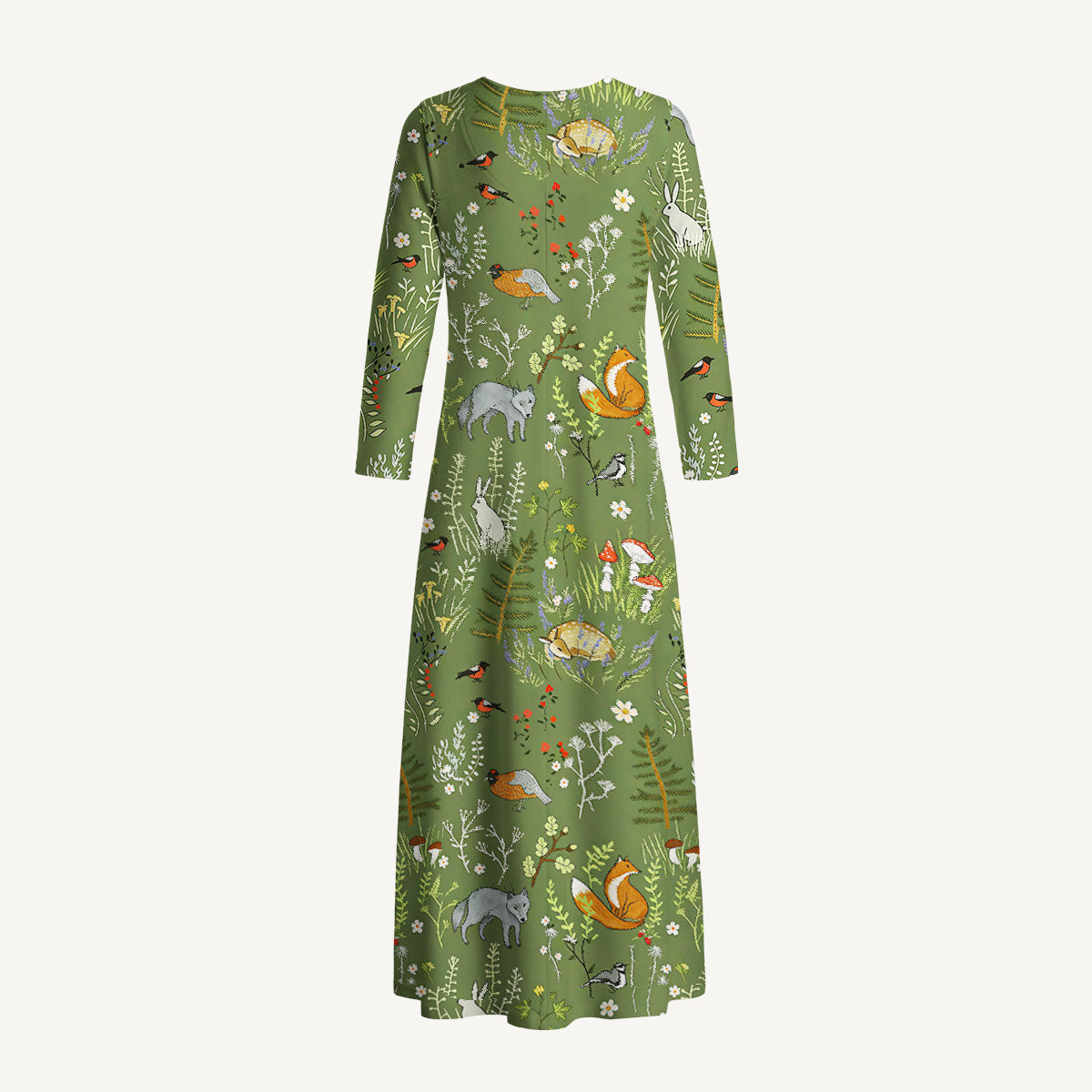 Whimsical Woodland Animals Print Soft-Touch Stretch Knit Long Sleeve Maxi Dress with Pockets