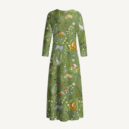 Whimsical Woodland Animals Print Soft-Touch Stretch Knit Long Sleeve Maxi Dress with Pockets