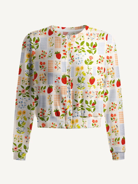 Lightweight Crew Neck Long‑Sleeve Cropped Strawberry Garden Patchwork Print Fine‑Knit Cardigan