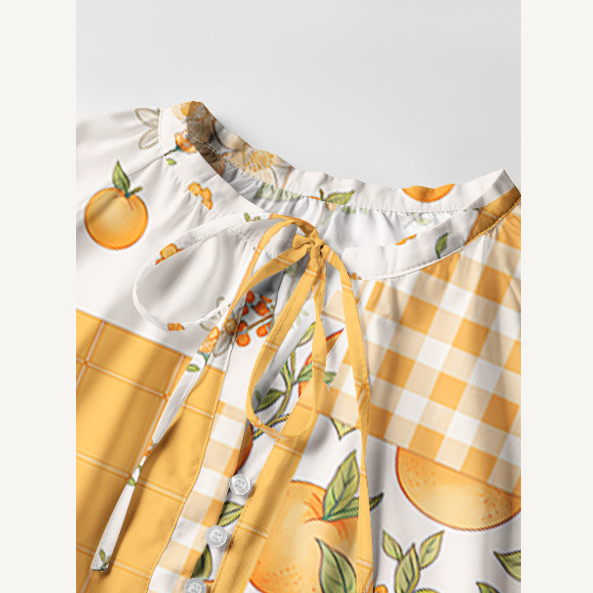 Lemon Sunshine Patchwork Print Boho Tie‑Neck Smock Mini Dress