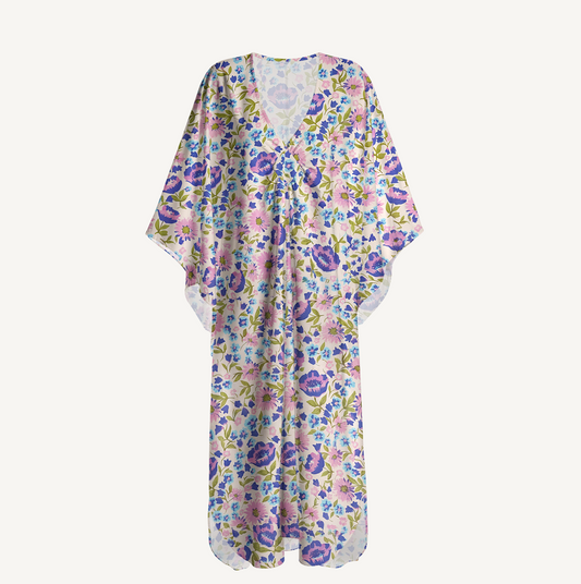 V‑Neck Lavender Bloom Kimono Sleeve Kaftan Dress