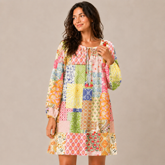 Colorful Bohemian Patchwork Print Boho Tie‑Neck Smock Mini Dress