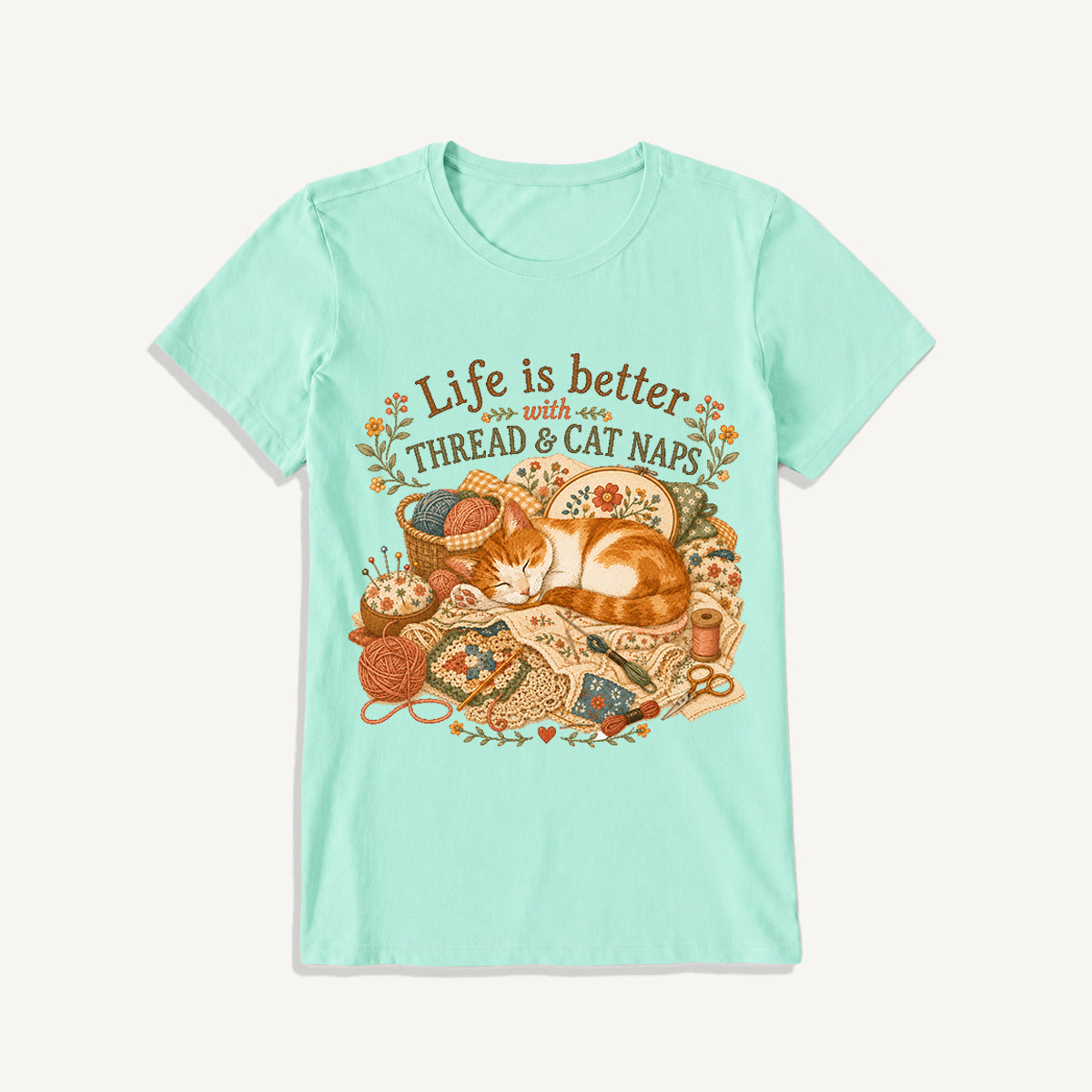 Thread and Cat Naps Print Crew Neck Cotton Tee