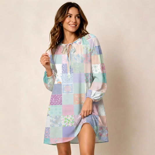 Vintage Quilt Patchwork Print Boho Tie‑Neck Smock Mini Dress