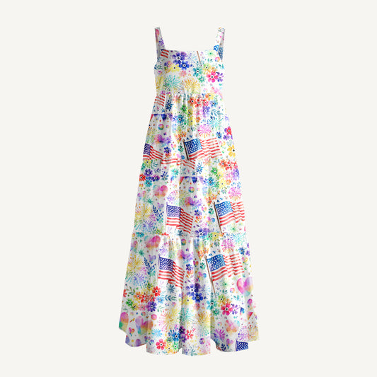 Rainbow Fireworks Garden Flag Print Wide Straps Maxi Dress With Pockets